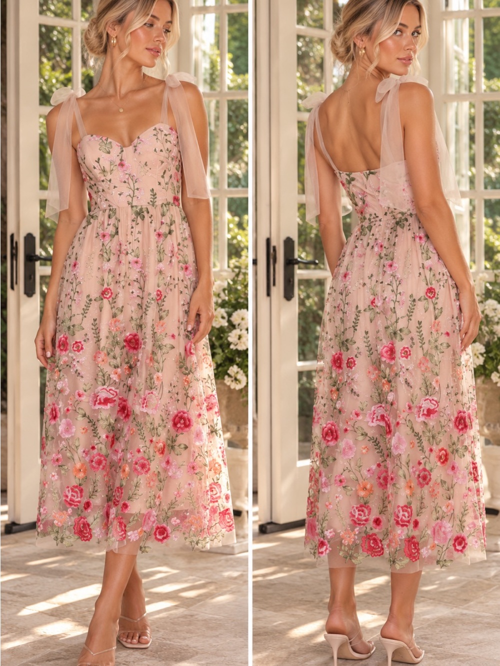 Petal & Pup Pink Floral Embroidered Tie-Shoulder Midi Dress